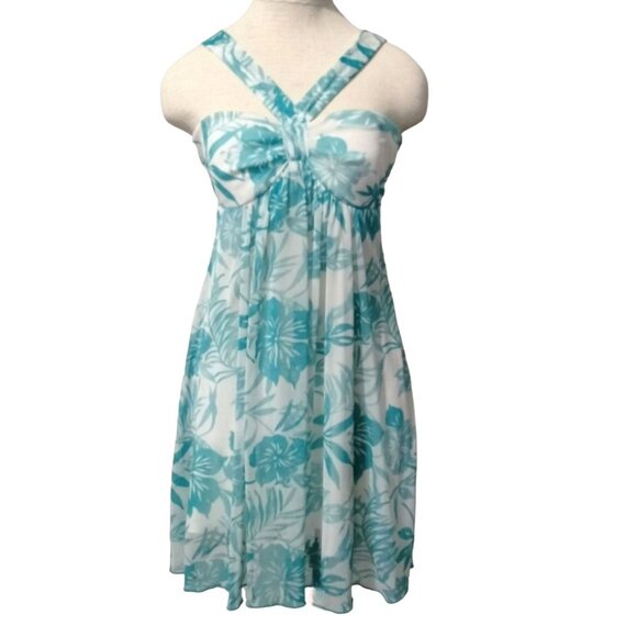 Specklers Womens Tropical Floral Sundress White Teal Cross-Strap Size Large Summ - Picture 2 of 8